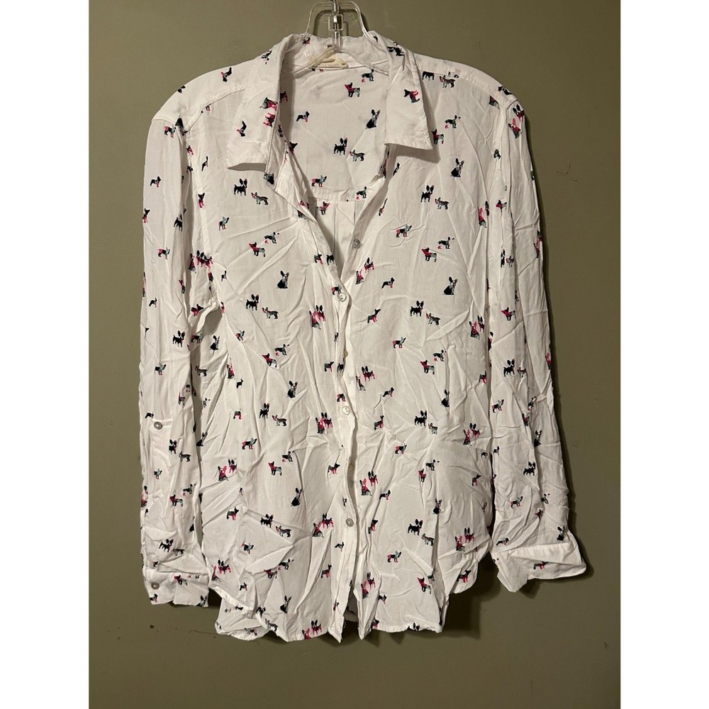 Jane and Delancey - Colorful Bulldog/Frenchie Blouse Button Up Shirt Size: Large